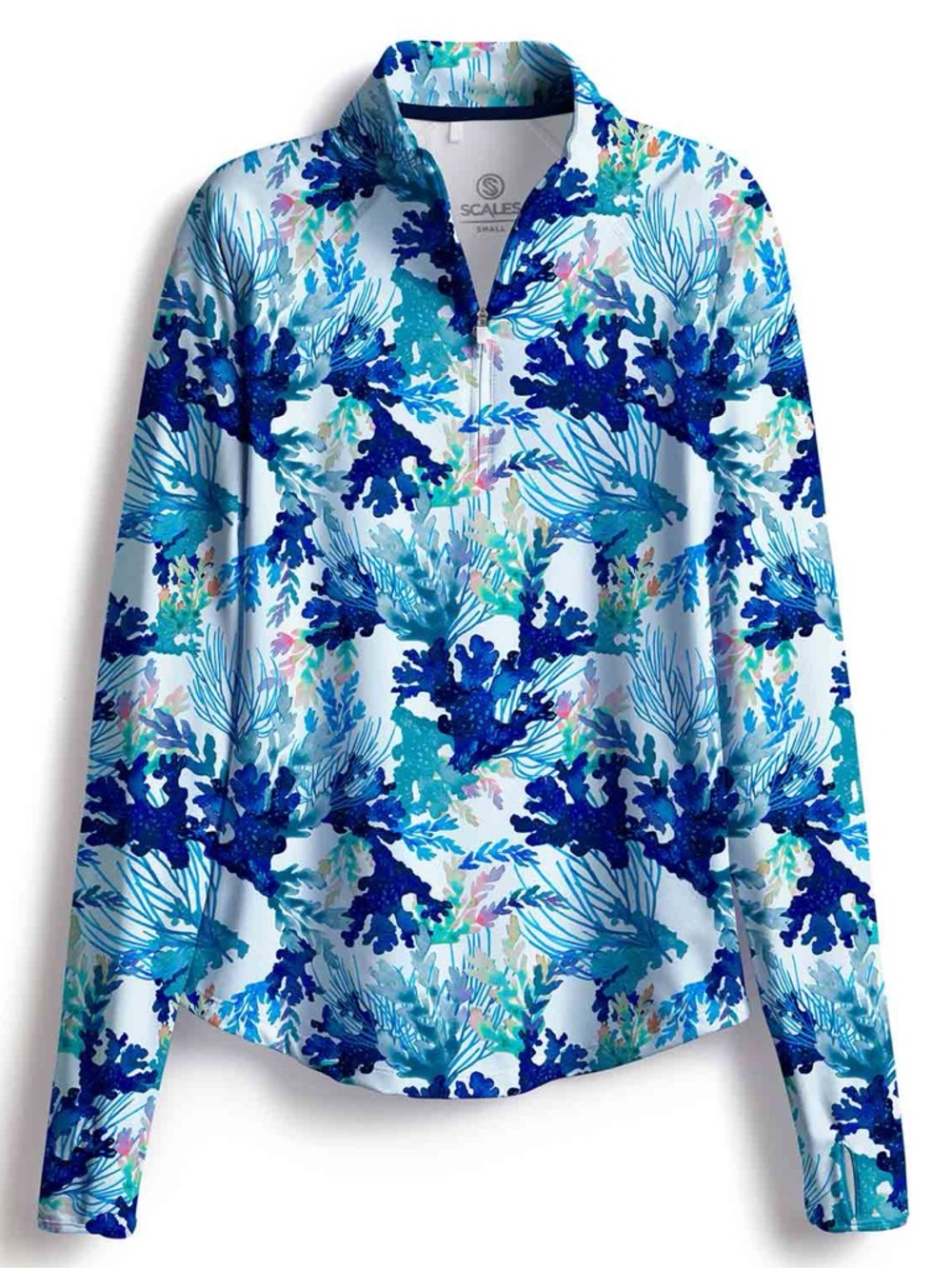 Scales Coral Tropics print blue/pink quarter zip golf shirt